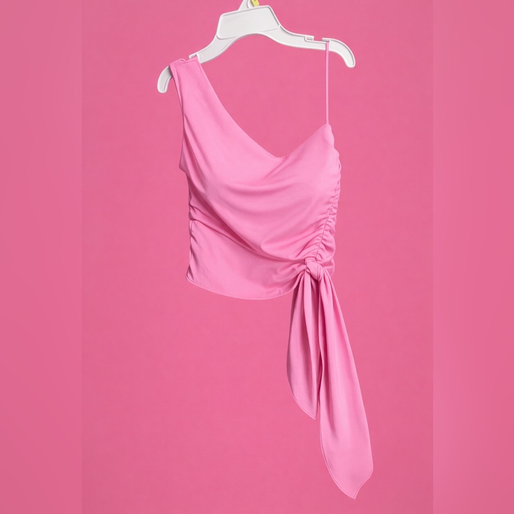 Pink One Shoulder Ruched Tie Side Asymmetrical Top Size L